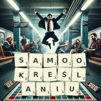 Kreatywna ilustracja do gry w Scrabble ze słowem SAMOOKREŚLANIU ułożonym z płytek na planszy.