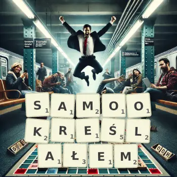 Kreatywna ilustracja do gry w Scrabble ze słowem SAMOOKREŚLAŁEM ułożonym z płytek na planszy.