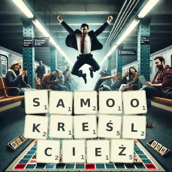 Kreatywna ilustracja do gry w Scrabble ze słowem SAMOOKREŚLCIEŻ ułożonym z płytek na planszy.