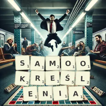 Kreatywna ilustracja do gry w Scrabble ze słowem SAMOOKREŚLENIA ułożonym z płytek na planszy.