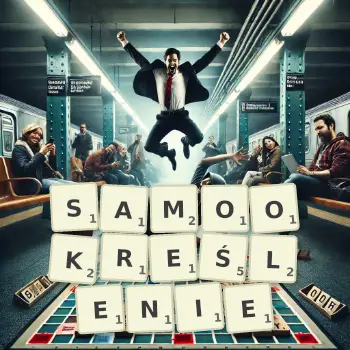 Kreatywna ilustracja do gry w Scrabble ze słowem SAMOOKREŚLENIE ułożonym z płytek na planszy.