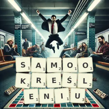 Kreatywna ilustracja do gry w Scrabble ze słowem SAMOOKREŚLENIU ułożonym z płytek na planszy.