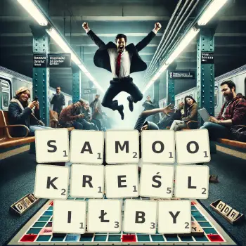 Kreatywna ilustracja do gry w Scrabble ze słowem SAMOOKREŚLIŁBY ułożonym z płytek na planszy.