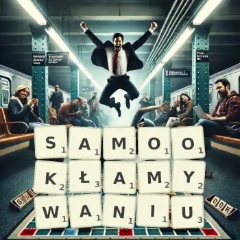 Kreatywna ilustracja do gry w Scrabble ze słowem SAMOOKŁAMYWANIU ułożonym z płytek na planszy.