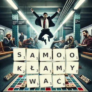 Kreatywna ilustracja do gry w Scrabble ze słowem SAMOOKŁAMYWAĆ ułożonym z płytek na planszy.