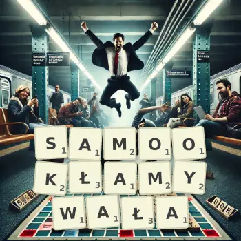 Kreatywna ilustracja do gry w Scrabble ze słowem SAMOOKŁAMYWAŁA ułożonym z płytek na planszy.
