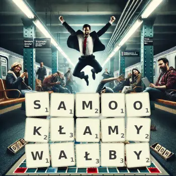 Kreatywna ilustracja do gry w Scrabble ze słowem SAMOOKŁAMYWAŁBY ułożonym z płytek na planszy.