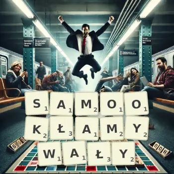 Kreatywna ilustracja do gry w Scrabble ze słowem SAMOOKŁAMYWAŁY ułożonym z płytek na planszy.