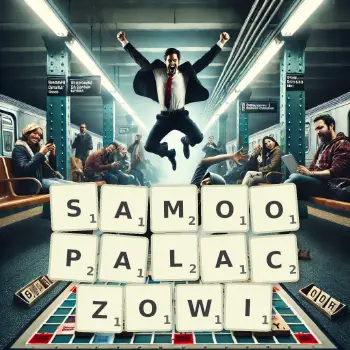 Kreatywna ilustracja do gry w Scrabble ze słowem SAMOOPALACZOWI ułożonym z płytek na planszy.