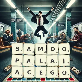 Kreatywna ilustracja do gry w Scrabble ze słowem SAMOOPALAJĄCEGO ułożonym z płytek na planszy.