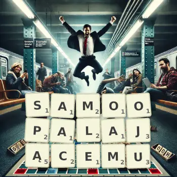 Kreatywna ilustracja do gry w Scrabble ze słowem SAMOOPALAJĄCEMU ułożonym z płytek na planszy.