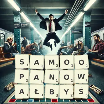 Kreatywna ilustracja do gry w Scrabble ze słowem SAMOOPANOWAŁBYŚ ułożonym z płytek na planszy.