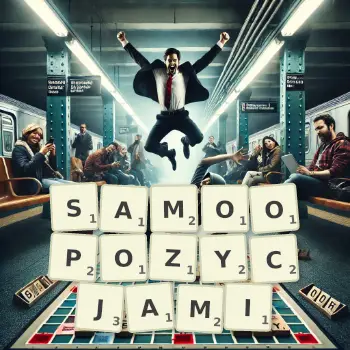 Kreatywna ilustracja do gry w Scrabble ze słowem SAMOOPOZYCJAMI ułożonym z płytek na planszy.