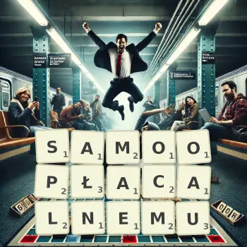 Kreatywna ilustracja do gry w Scrabble ze słowem SAMOOPŁACALNEMU ułożonym z płytek na planszy.