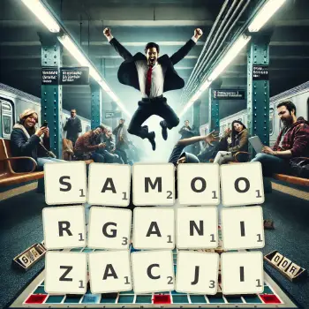 Kreatywna ilustracja do gry w Scrabble ze słowem SAMOORGANIZACJI ułożonym z płytek na planszy.