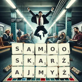 Kreatywna ilustracja do gry w Scrabble ze słowem SAMOOSKARŻAJMYŻ ułożonym z płytek na planszy.