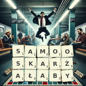 Kreatywna ilustracja do gry w Scrabble ze słowem SAMOOSKARŻAŁABY ułożonym z płytek na planszy.