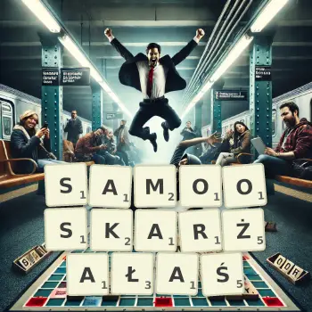 Kreatywna ilustracja do gry w Scrabble ze słowem SAMOOSKARŻAŁAŚ ułożonym z płytek na planszy.