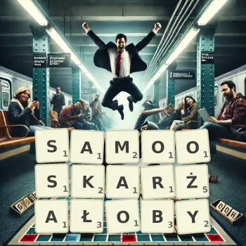 Kreatywna ilustracja do gry w Scrabble ze słowem SAMOOSKARŻAŁOBY ułożonym z płytek na planszy.