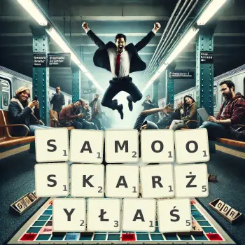 Kreatywna ilustracja do gry w Scrabble ze słowem SAMOOSKARŻYŁAŚ ułożonym z płytek na planszy.
