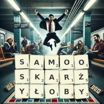 Kreatywna ilustracja do gry w Scrabble ze słowem SAMOOSKARŻYŁOBY ułożonym z płytek na planszy.