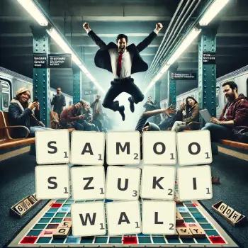 Kreatywna ilustracja do gry w Scrabble ze słowem SAMOOSZUKIWAL ułożonym z płytek na planszy.