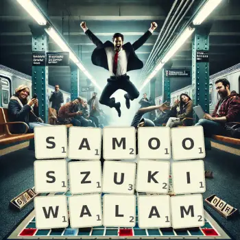 Kreatywna ilustracja do gry w Scrabble ze słowem SAMOOSZUKIWALAM ułożonym z płytek na planszy.