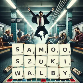 Kreatywna ilustracja do gry w Scrabble ze słowem SAMOOSZUKIWALBY ułożonym z płytek na planszy.