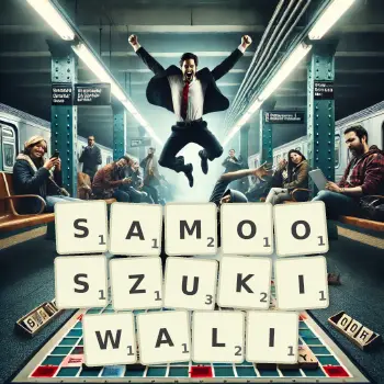 Kreatywna ilustracja do gry w Scrabble ze słowem SAMOOSZUKIWALI ułożonym z płytek na planszy.