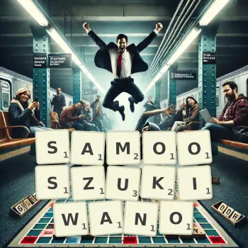 Kreatywna ilustracja do gry w Scrabble ze słowem SAMOOSZUKIWANO ułożonym z płytek na planszy.