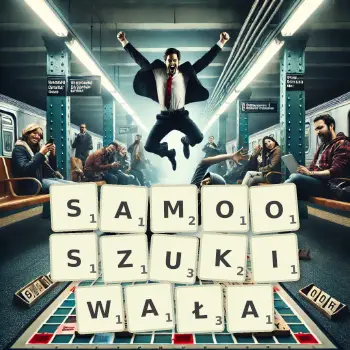 Kreatywna ilustracja do gry w Scrabble ze słowem SAMOOSZUKIWAŁA ułożonym z płytek na planszy.