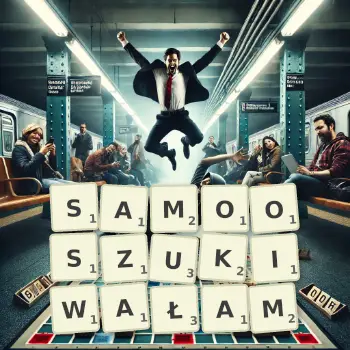Kreatywna ilustracja do gry w Scrabble ze słowem SAMOOSZUKIWAŁAM ułożonym z płytek na planszy.