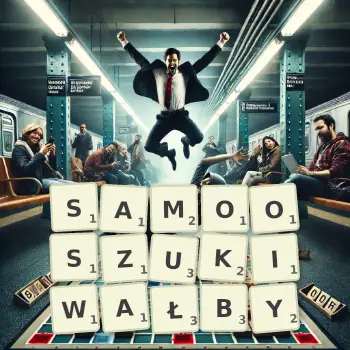 Kreatywna ilustracja do gry w Scrabble ze słowem SAMOOSZUKIWAŁBY ułożonym z płytek na planszy.
