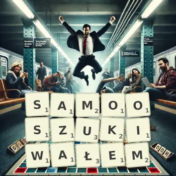 Kreatywna ilustracja do gry w Scrabble ze słowem SAMOOSZUKIWAŁEM ułożonym z płytek na planszy.