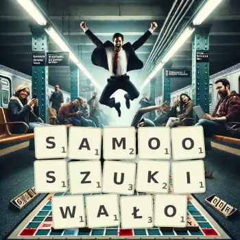 Kreatywna ilustracja do gry w Scrabble ze słowem SAMOOSZUKIWAŁO ułożonym z płytek na planszy.