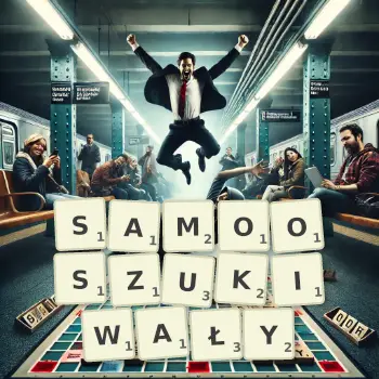 Kreatywna ilustracja do gry w Scrabble ze słowem SAMOOSZUKIWAŁY ułożonym z płytek na planszy.