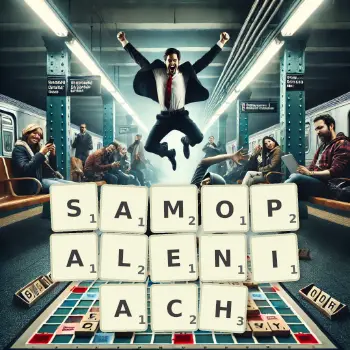 Kreatywna ilustracja do gry w Scrabble ze słowem SAMOPALENIACH ułożonym z płytek na planszy.