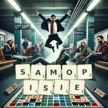 Kreatywna ilustracja do gry w Scrabble ze słowem SAMOPISIE ułożonym z płytek na planszy.