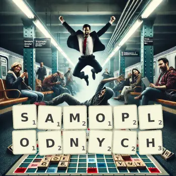 Kreatywna ilustracja do gry w Scrabble ze słowem SAMOPLODNYCH ułożonym z płytek na planszy.