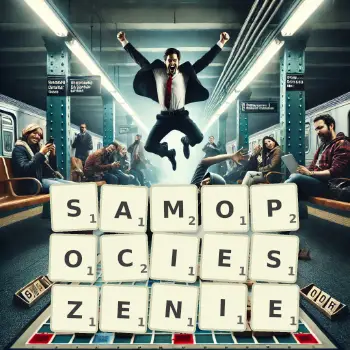 Kreatywna ilustracja do gry w Scrabble ze słowem SAMOPOCIESZENIE ułożonym z płytek na planszy.