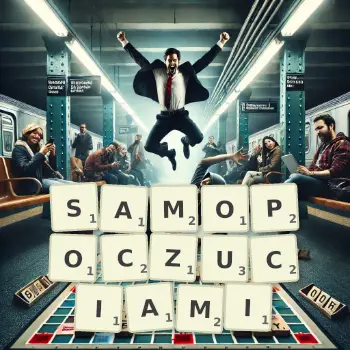Kreatywna ilustracja do gry w Scrabble ze słowem SAMOPOCZUCIAMI ułożonym z płytek na planszy.