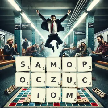 Kreatywna ilustracja do gry w Scrabble ze słowem SAMOPOCZUCIOM ułożonym z płytek na planszy.
