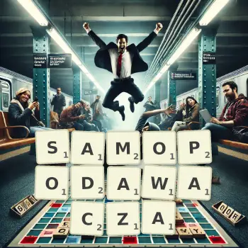 Kreatywna ilustracja do gry w Scrabble ze słowem SAMOPODAWACZA ułożonym z płytek na planszy.