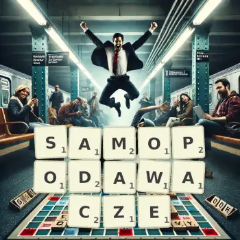 Kreatywna ilustracja do gry w Scrabble ze słowem SAMOPODAWACZE ułożonym z płytek na planszy.