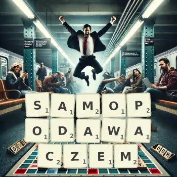 Kreatywna ilustracja do gry w Scrabble ze słowem SAMOPODAWACZEM ułożonym z płytek na planszy.