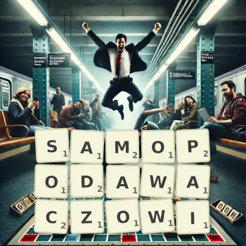 Kreatywna ilustracja do gry w Scrabble ze słowem SAMOPODAWACZOWI ułożonym z płytek na planszy.