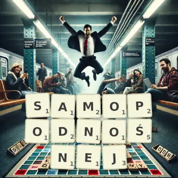 Kreatywna ilustracja do gry w Scrabble ze słowem SAMOPODNOŚNEJ ułożonym z płytek na planszy.