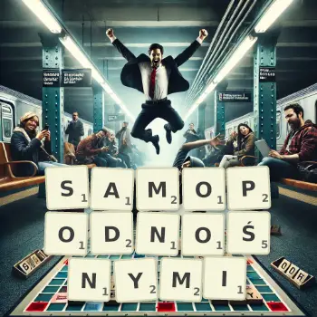 Kreatywna ilustracja do gry w Scrabble ze słowem SAMOPODNOŚNYMI ułożonym z płytek na planszy.