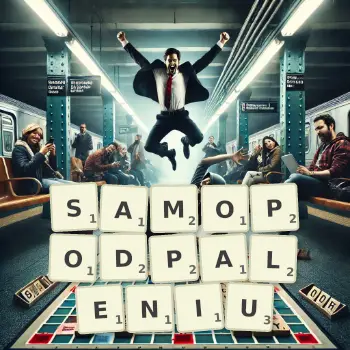 Kreatywna ilustracja do gry w Scrabble ze słowem SAMOPODPALENIU ułożonym z płytek na planszy.