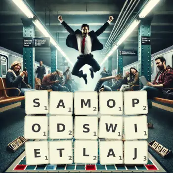 Kreatywna ilustracja do gry w Scrabble ze słowem SAMOPODSWIETLAJ ułożonym z płytek na planszy.